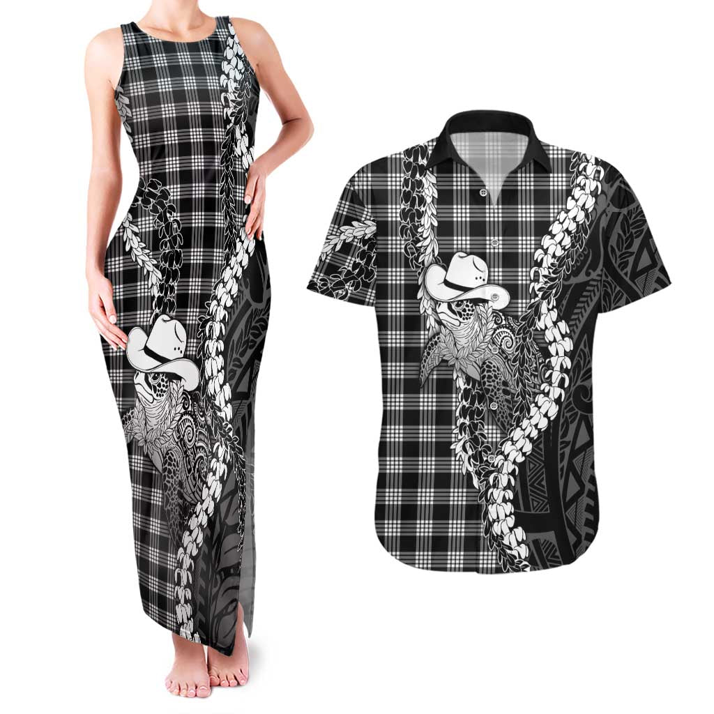 Black Hawaii Palaka Cowboy Turtle Couples Matching Tank Maxi Dress and Hawaiian Shirt Hawaiian Paniolo Puakenikeni Maile Lei DT05 Black - Polynesian Pride