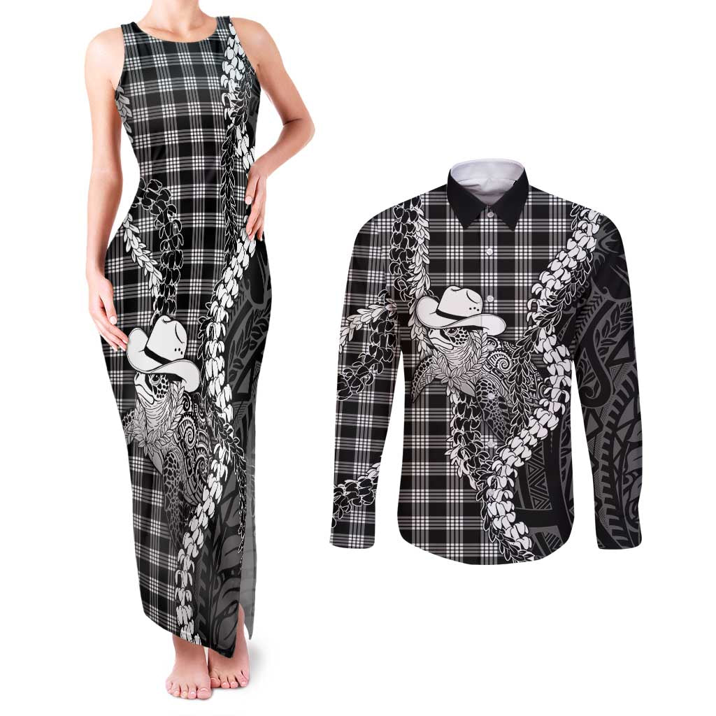 Black Hawaii Palaka Cowboy Turtle Couples Matching Tank Maxi Dress and Long Sleeve Button Shirt Hawaiian Paniolo Puakenikeni Maile Lei DT05 Black - Polynesian Pride