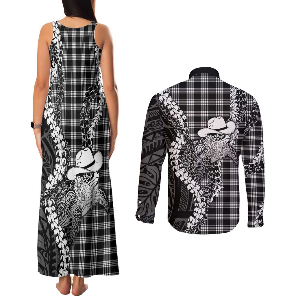 Black Hawaii Palaka Cowboy Turtle Couples Matching Tank Maxi Dress and Long Sleeve Button Shirt Hawaiian Paniolo Puakenikeni Maile Lei DT05 - Polynesian Pride
