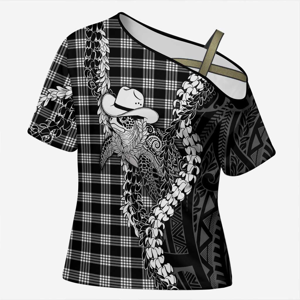 Black Hawaii Palaka Cowboy Turtle Cross Shoulder Shirt Hawaiian Paniolo Puakenikeni Maile Lei DT05 Female Black - Polynesian Pride