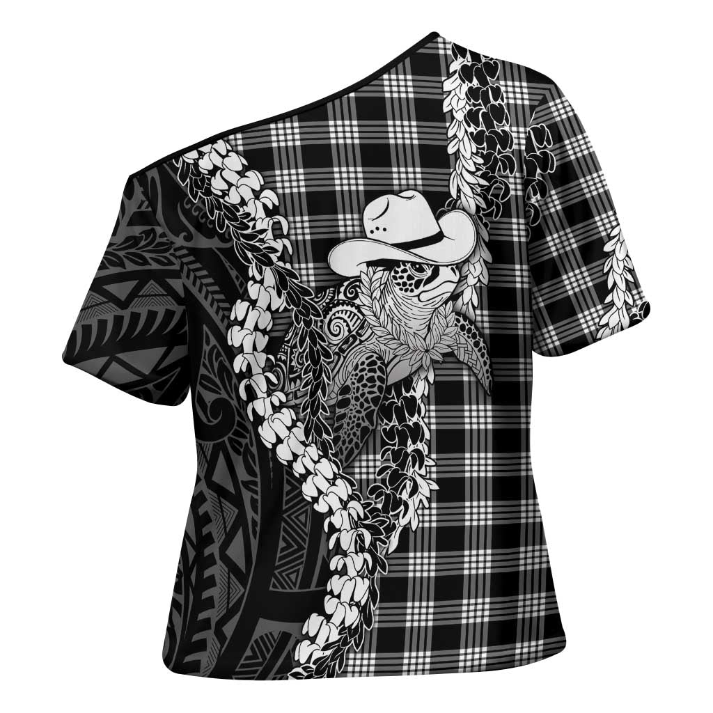 Black Hawaii Palaka Cowboy Turtle Cross Shoulder Shirt Hawaiian Paniolo Puakenikeni Maile Lei DT05 - Polynesian Pride
