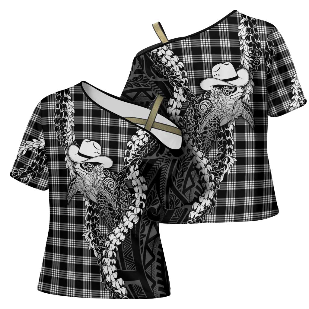 Black Hawaii Palaka Cowboy Turtle Cross Shoulder Shirt Hawaiian Paniolo Puakenikeni Maile Lei DT05 - Polynesian Pride