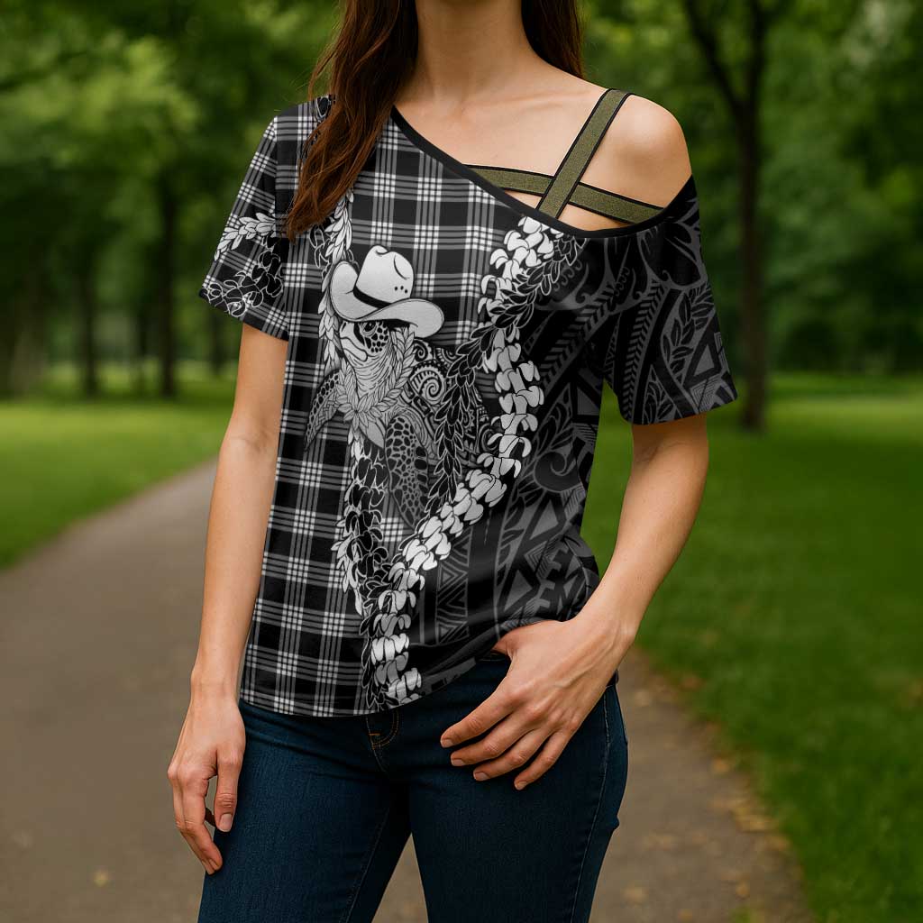 Black Hawaii Palaka Cowboy Turtle Cross Shoulder Shirt Hawaiian Paniolo Puakenikeni Maile Lei DT05 - Polynesian Pride