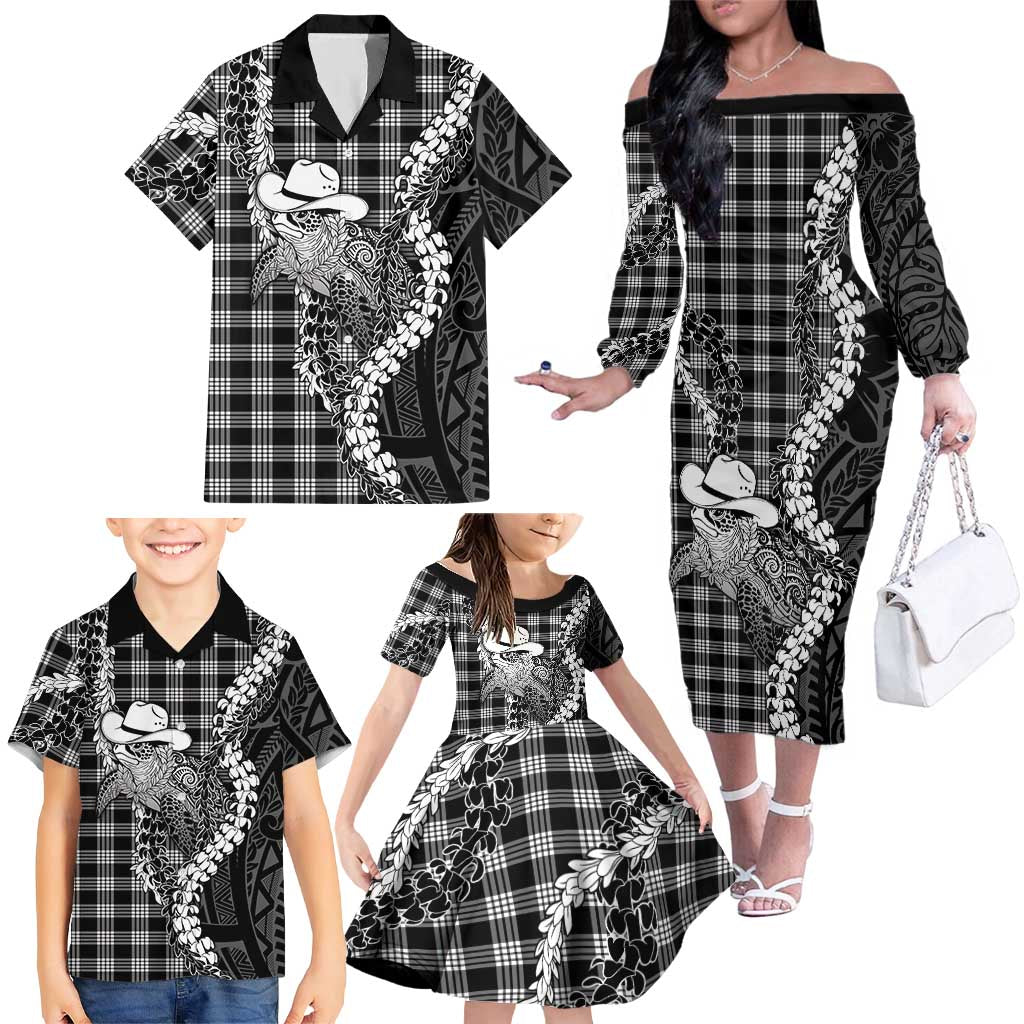 Black Hawaii Palaka Cowboy Turtle Family Matching Off The Shoulder Long Sleeve Dress and Hawaiian Shirt Hawaiian Paniolo Puakenikeni Maile Lei