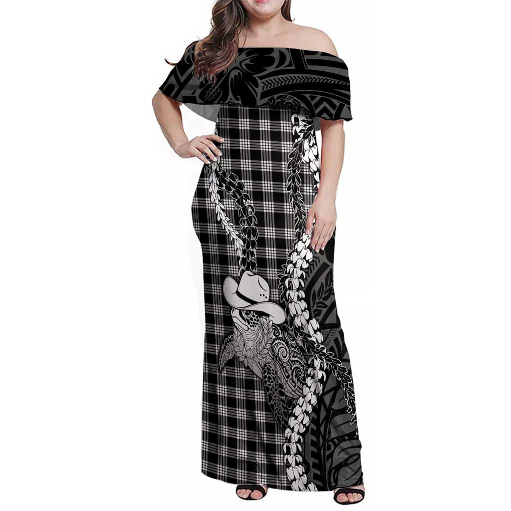 Black Hawaii Palaka Cowboy Turtle Family Matching Off Shoulder Maxi Dress and Hawaiian Shirt Hawaiian Paniolo Puakenikeni Maile Lei