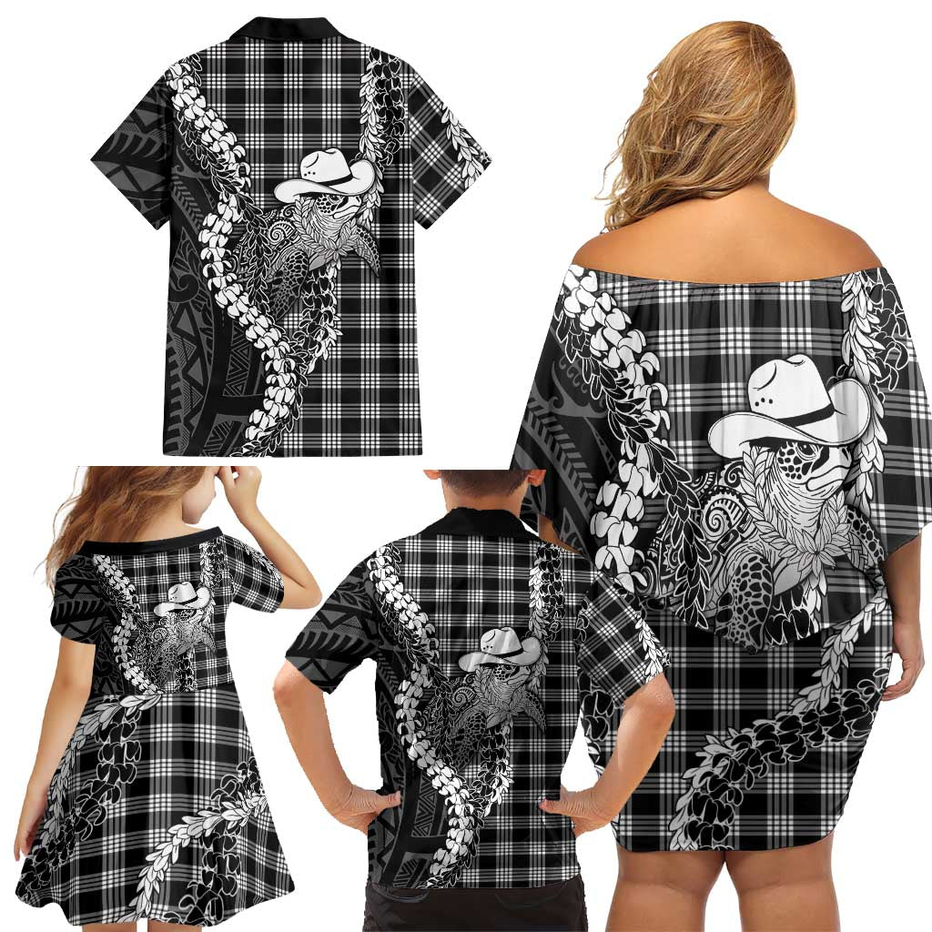Black Hawaii Palaka Cowboy Turtle Family Matching Off Shoulder Short Dress and Hawaiian Shirt Hawaiian Paniolo Puakenikeni Maile Lei