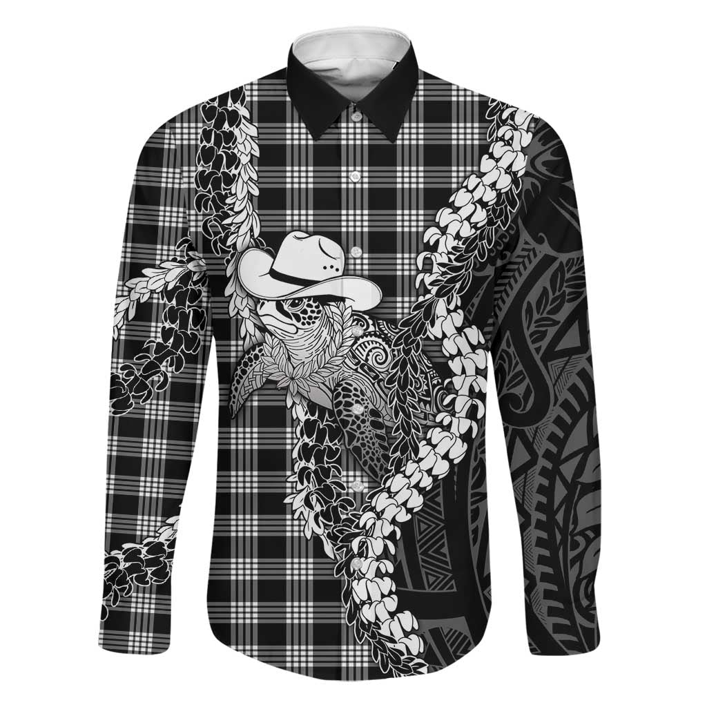 Black Hawaii Palaka Cowboy Turtle Family Matching Off Shoulder Short Dress and Hawaiian Shirt Hawaiian Paniolo Puakenikeni Maile Lei