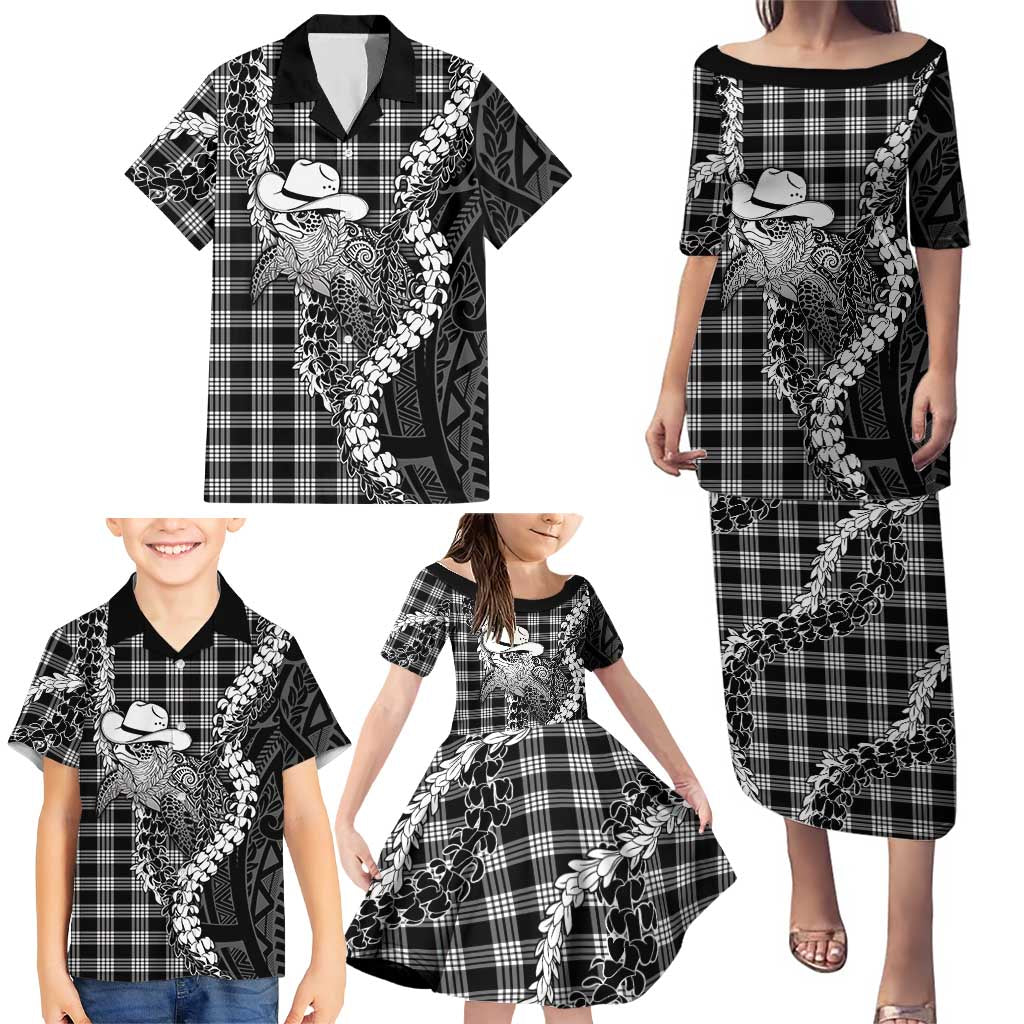 Black Hawaii Palaka Cowboy Turtle Family Matching Puletasi and Hawaiian Shirt Hawaiian Paniolo Puakenikeni Maile Lei