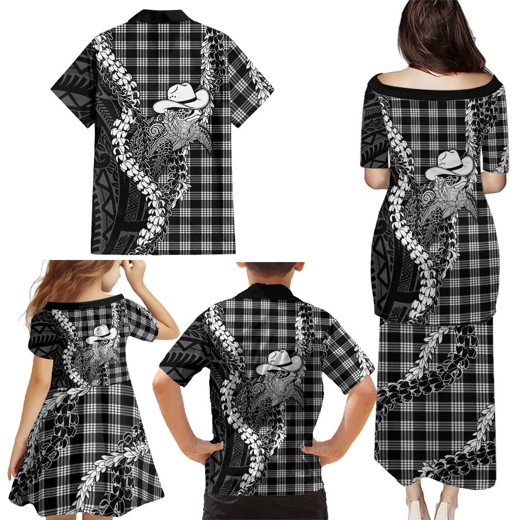 Black Hawaii Palaka Cowboy Turtle Family Matching Puletasi and Hawaiian Shirt Hawaiian Paniolo Puakenikeni Maile Lei
