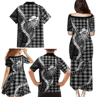 Black Hawaii Palaka Cowboy Turtle Family Matching Puletasi and Hawaiian Shirt Hawaiian Paniolo Puakenikeni Maile Lei