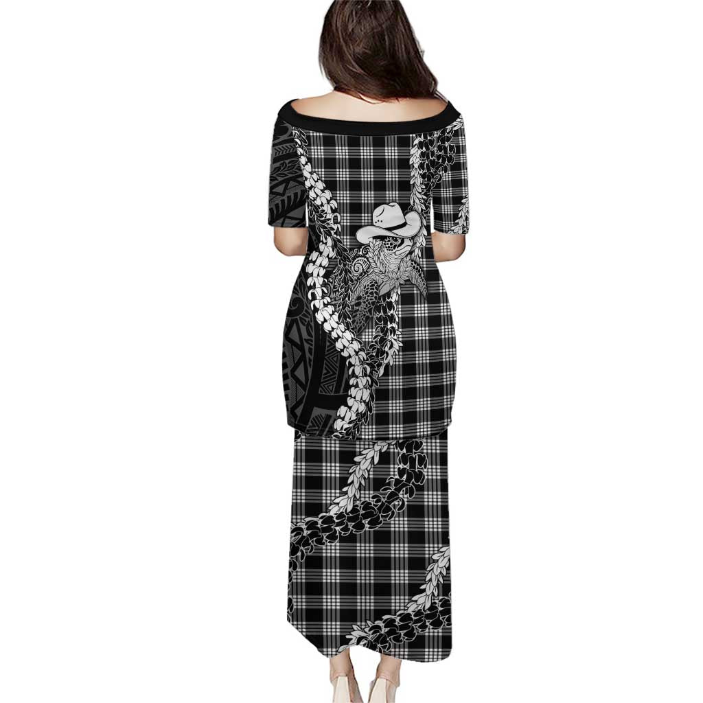 Black Hawaii Palaka Cowboy Turtle Family Matching Puletasi and Hawaiian Shirt Hawaiian Paniolo Puakenikeni Maile Lei