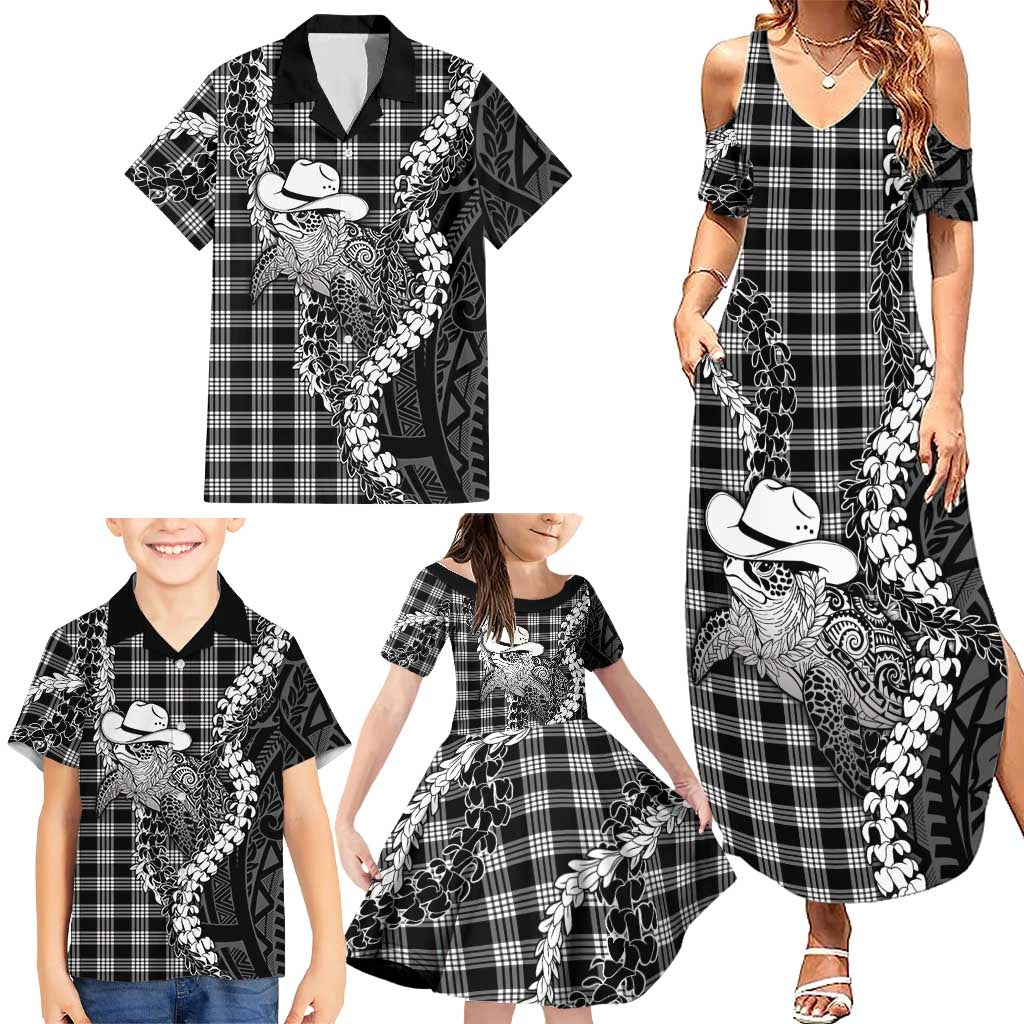 Black Hawaii Palaka Cowboy Turtle Family Matching Summer Maxi Dress and Hawaiian Shirt Hawaiian Paniolo Puakenikeni Maile Lei