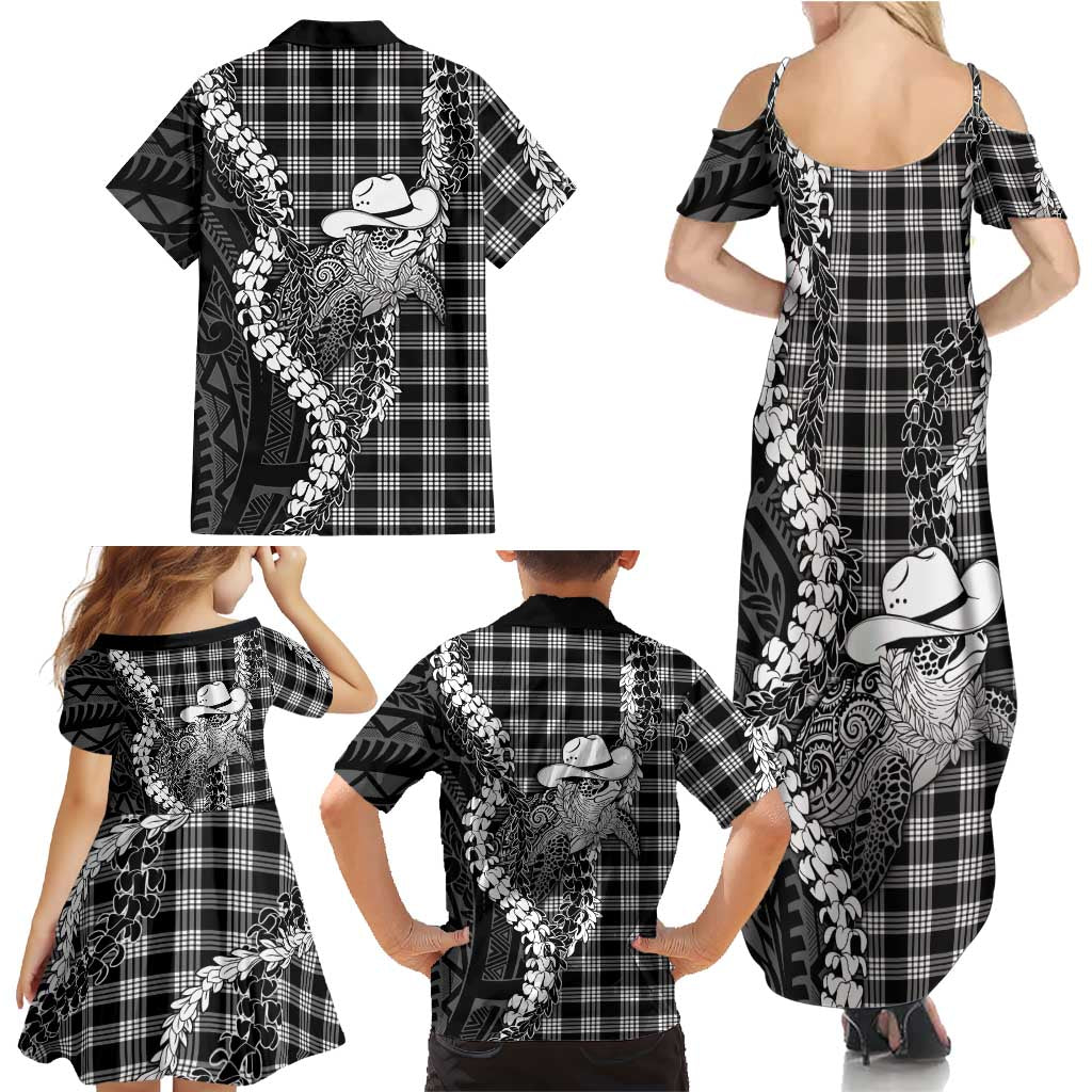 Black Hawaii Palaka Cowboy Turtle Family Matching Summer Maxi Dress and Hawaiian Shirt Hawaiian Paniolo Puakenikeni Maile Lei