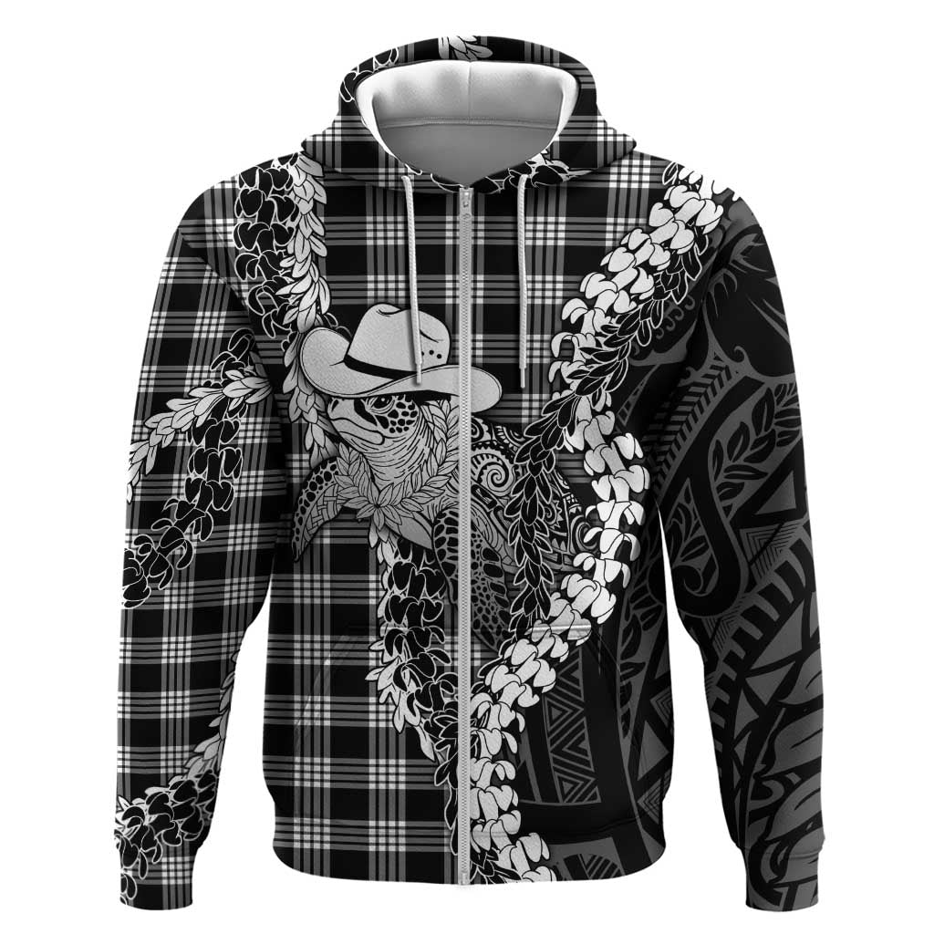 Black Hawaii Palaka Cowboy Turtle Hoodie Hawaiian Paniolo Puakenikeni Maile Lei DT05 Zip Hoodie Black - Polynesian Pride