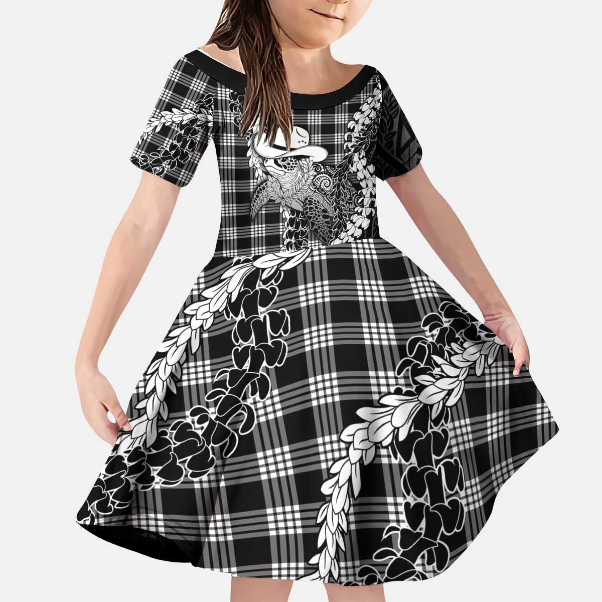 Black Hawaii Palaka Cowboy Turtle Kid Short Sleeve Dress Hawaiian Paniolo Puakenikeni Maile Lei DT05 KID Black - Polynesian Pride
