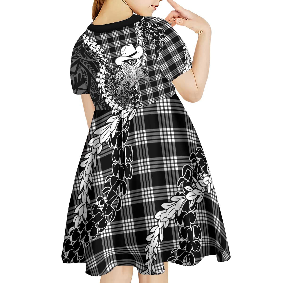 Black Hawaii Palaka Cowboy Turtle Kid Short Sleeve Dress Hawaiian Paniolo Puakenikeni Maile Lei DT05 - Polynesian Pride
