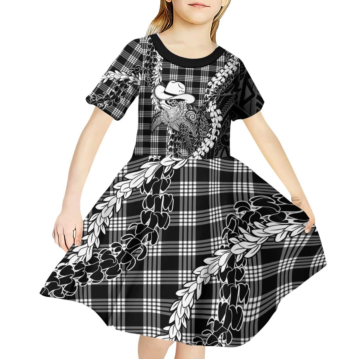 Black Hawaii Palaka Cowboy Turtle Kid Short Sleeve Dress Hawaiian Paniolo Puakenikeni Maile Lei DT05 - Polynesian Pride