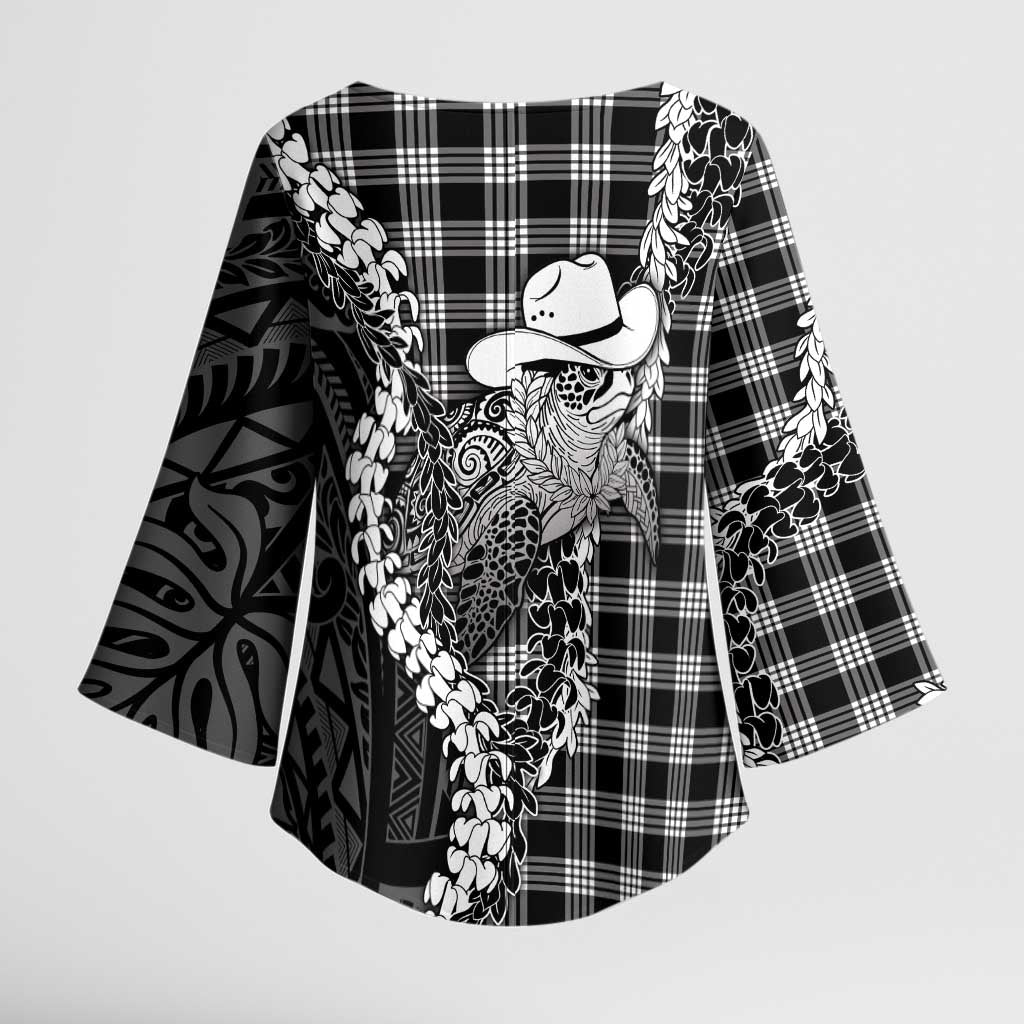 Black Hawaii Palaka Cowboy Turtle Kimono Sleeve Blouse Hawaiian Paniolo Puakenikeni Maile Lei