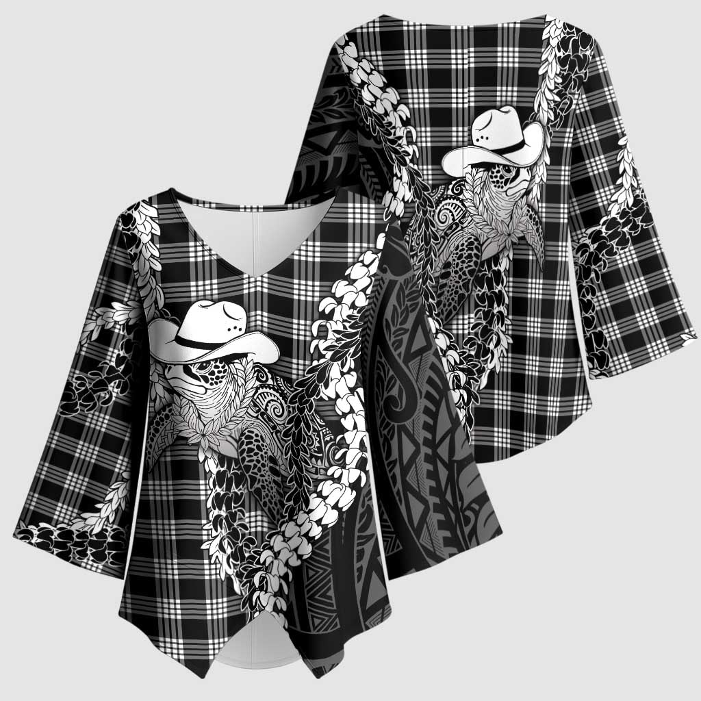Black Hawaii Palaka Cowboy Turtle Kimono Sleeve Blouse Hawaiian Paniolo Puakenikeni Maile Lei