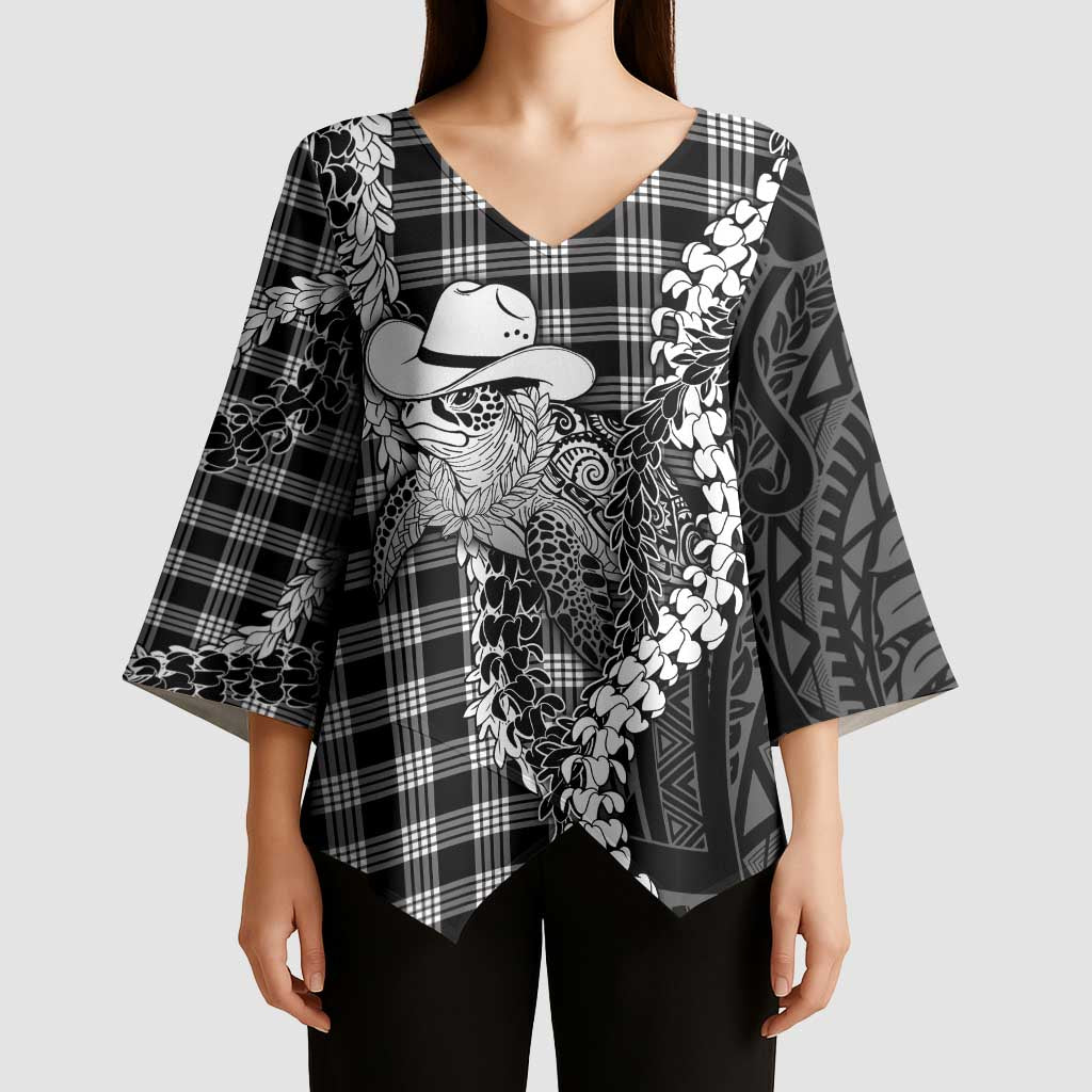Black Hawaii Palaka Cowboy Turtle Kimono Sleeve Blouse Hawaiian Paniolo Puakenikeni Maile Lei