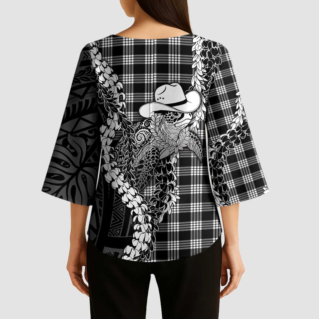 Black Hawaii Palaka Cowboy Turtle Kimono Sleeve Blouse Hawaiian Paniolo Puakenikeni Maile Lei