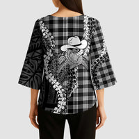 Black Hawaii Palaka Cowboy Turtle Kimono Sleeve Blouse Hawaiian Paniolo Puakenikeni Maile Lei