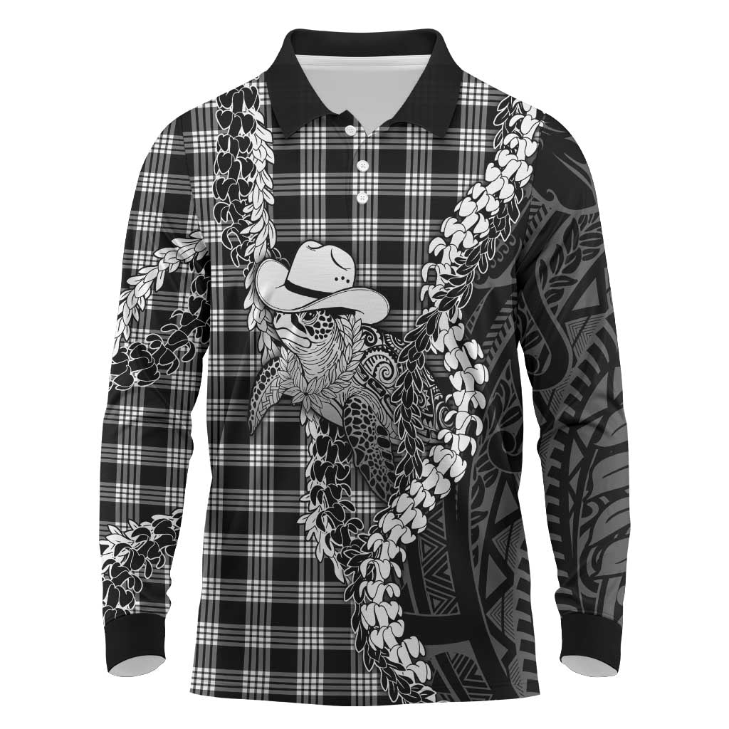 Black Hawaii Palaka Cowboy Turtle Long Sleeve Polo Shirt Hawaiian Paniolo Puakenikeni Maile Lei DT05 Black - Polynesian Pride