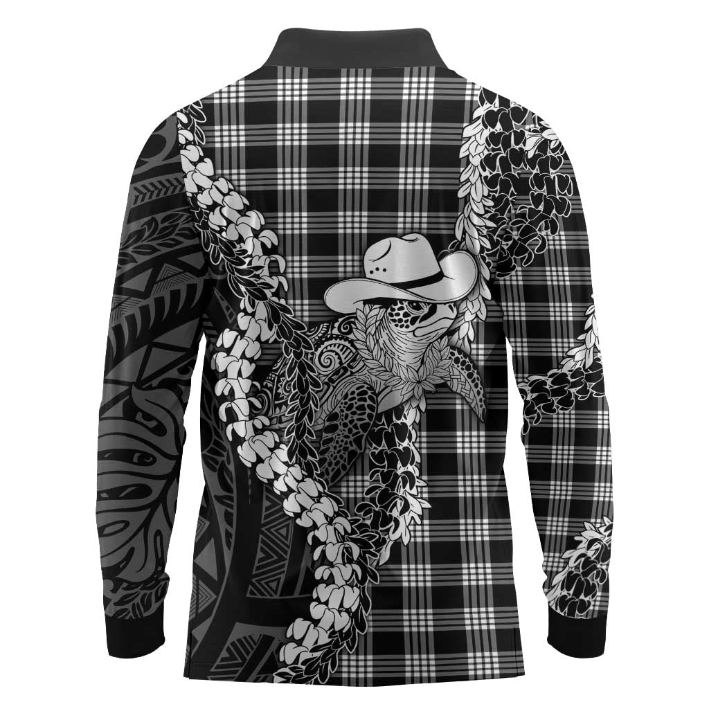 Black Hawaii Palaka Cowboy Turtle Long Sleeve Polo Shirt Hawaiian Paniolo Puakenikeni Maile Lei DT05 - Polynesian Pride