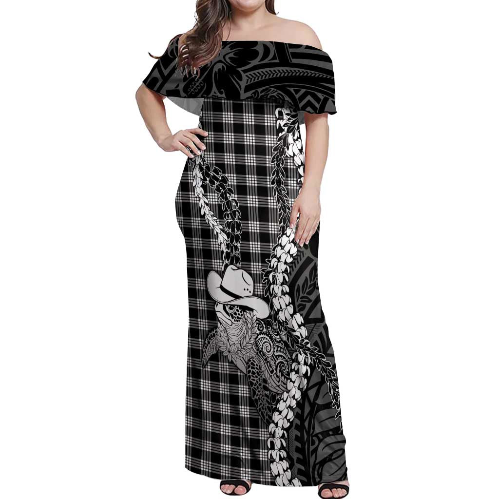 Black Hawaii Palaka Cowboy Turtle Off Shoulder Maxi Dress Hawaiian Paniolo Puakenikeni Maile Lei DT05 Women Black - Polynesian Pride