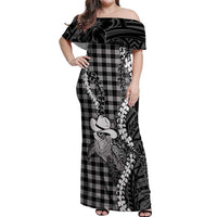 Black Hawaii Palaka Cowboy Turtle Off Shoulder Maxi Dress Hawaiian Paniolo Puakenikeni Maile Lei DT05 Women Black - Polynesian Pride