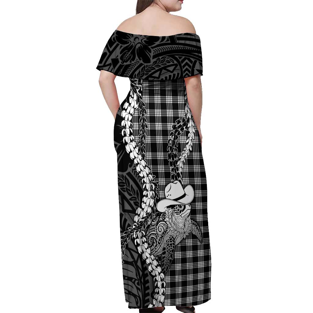 Black Hawaii Palaka Cowboy Turtle Off Shoulder Maxi Dress Hawaiian Paniolo Puakenikeni Maile Lei DT05 - Polynesian Pride