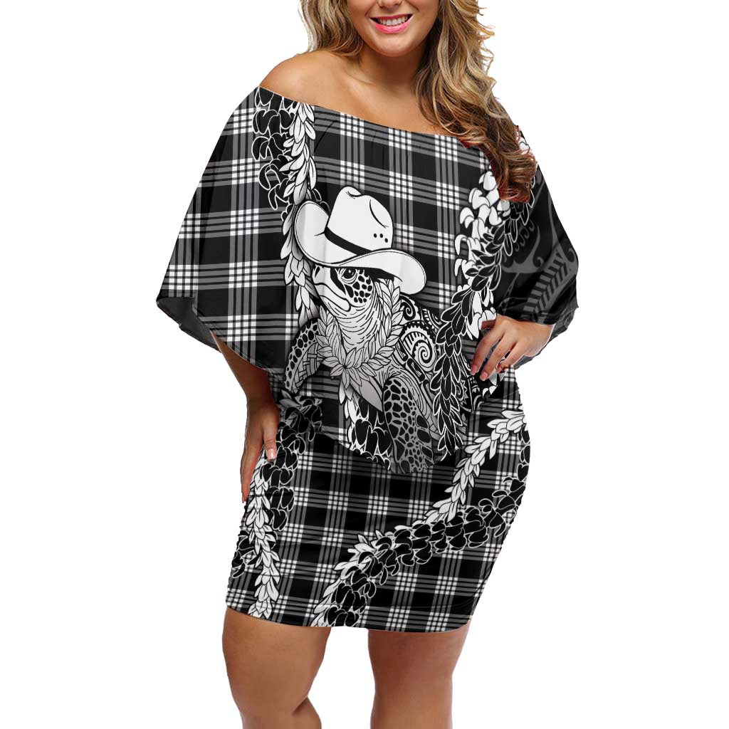 Black Hawaii Palaka Cowboy Turtle Off Shoulder Short Dress Hawaiian Paniolo Puakenikeni Maile Lei DT05 Women Black - Polynesian Pride
