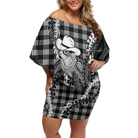 Black Hawaii Palaka Cowboy Turtle Off Shoulder Short Dress Hawaiian Paniolo Puakenikeni Maile Lei DT05 Women Black - Polynesian Pride