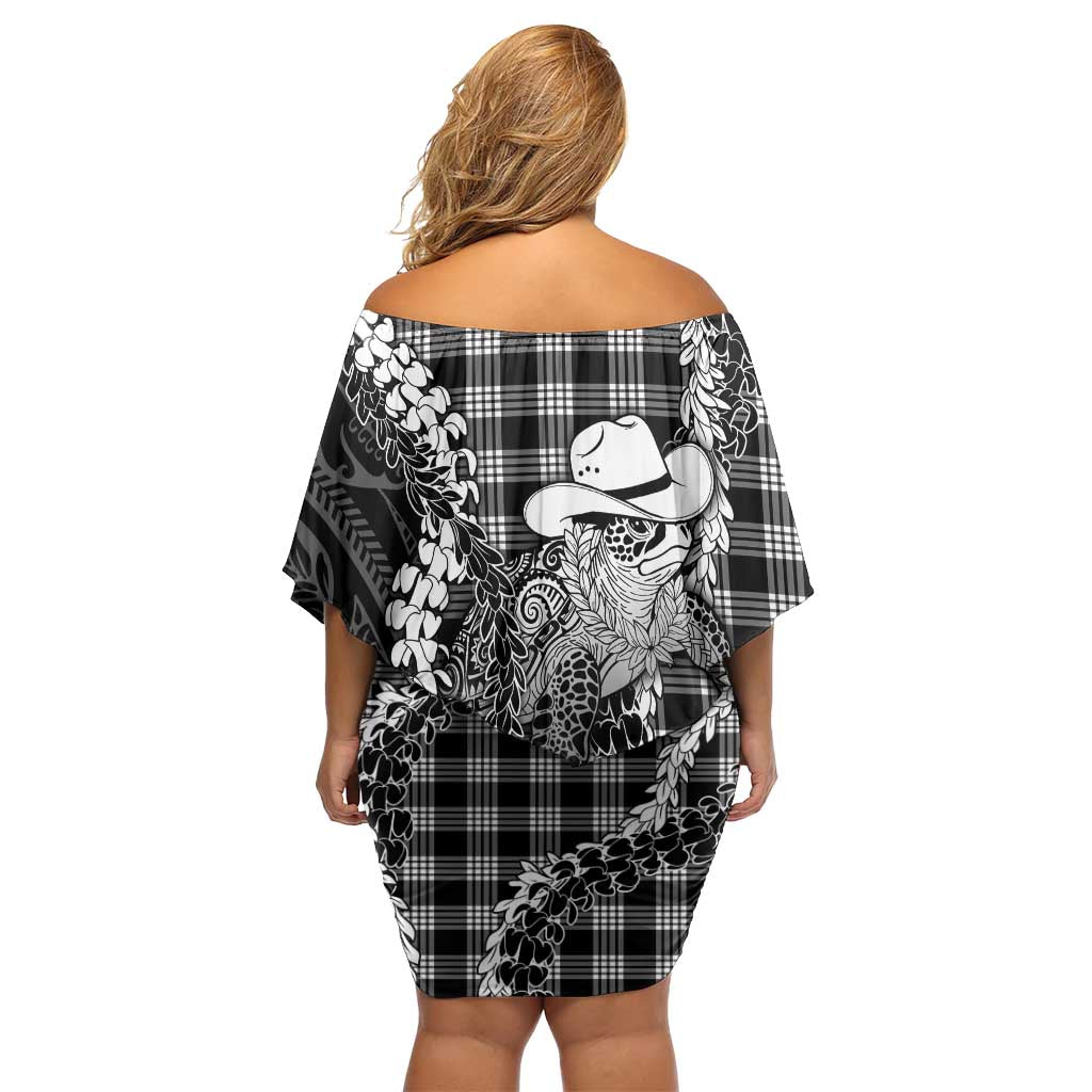 Black Hawaii Palaka Cowboy Turtle Off Shoulder Short Dress Hawaiian Paniolo Puakenikeni Maile Lei DT05 - Polynesian Pride