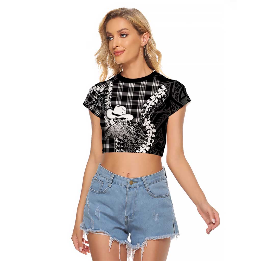Black Hawaii Palaka Cowboy Turtle Raglan Cropped T Shirt Hawaiian Paniolo Puakenikeni Maile Lei DT05 Female Black - Polynesian Pride