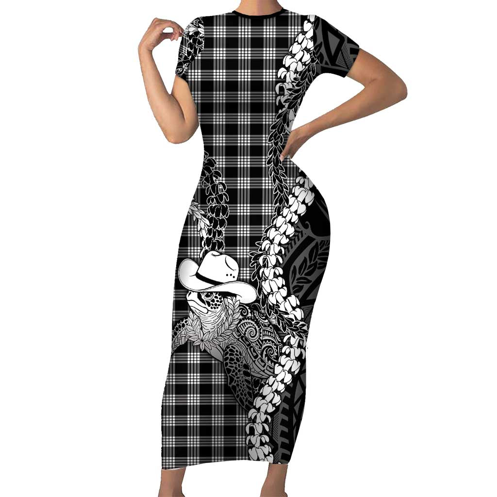 Black Hawaii Palaka Cowboy Turtle Short Sleeve Bodycon Dress Hawaiian Paniolo Puakenikeni Maile Lei DT05 Long Dress Black - Polynesian Pride