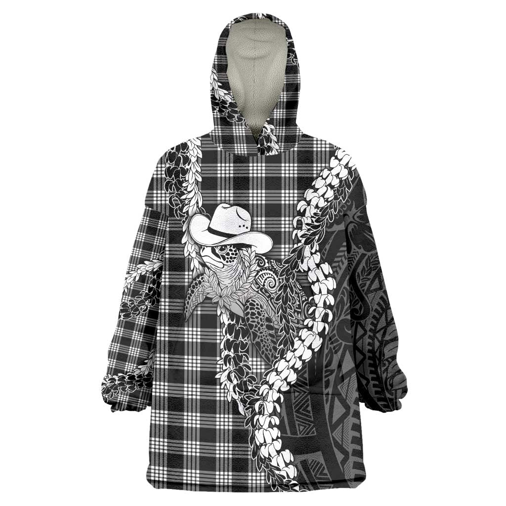 Black Hawaii Palaka Cowboy Turtle Wearable Blanket Hoodie Hawaiian Paniolo Puakenikeni Maile Lei DT05 One Size Black - Polynesian Pride
