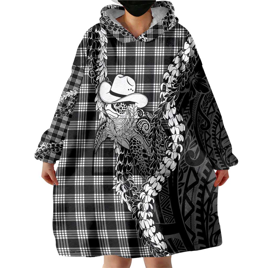 Black Hawaii Palaka Cowboy Turtle Wearable Blanket Hoodie Hawaiian Paniolo Puakenikeni Maile Lei DT05 - Polynesian Pride
