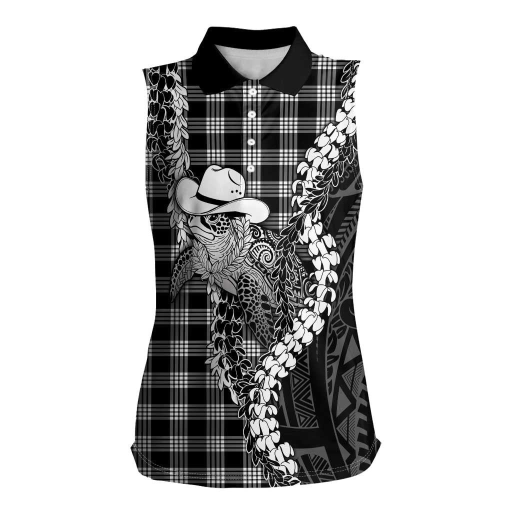 Black Hawaii Palaka Cowboy Turtle Women Sleeveless Polo Shirt Hawaiian Paniolo Puakenikeni Maile Lei DT05 Female Black - Polynesian Pride