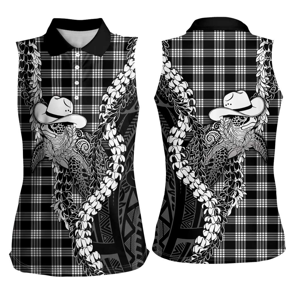 Black Hawaii Palaka Cowboy Turtle Women Sleeveless Polo Shirt Hawaiian Paniolo Puakenikeni Maile Lei DT05 - Polynesian Pride