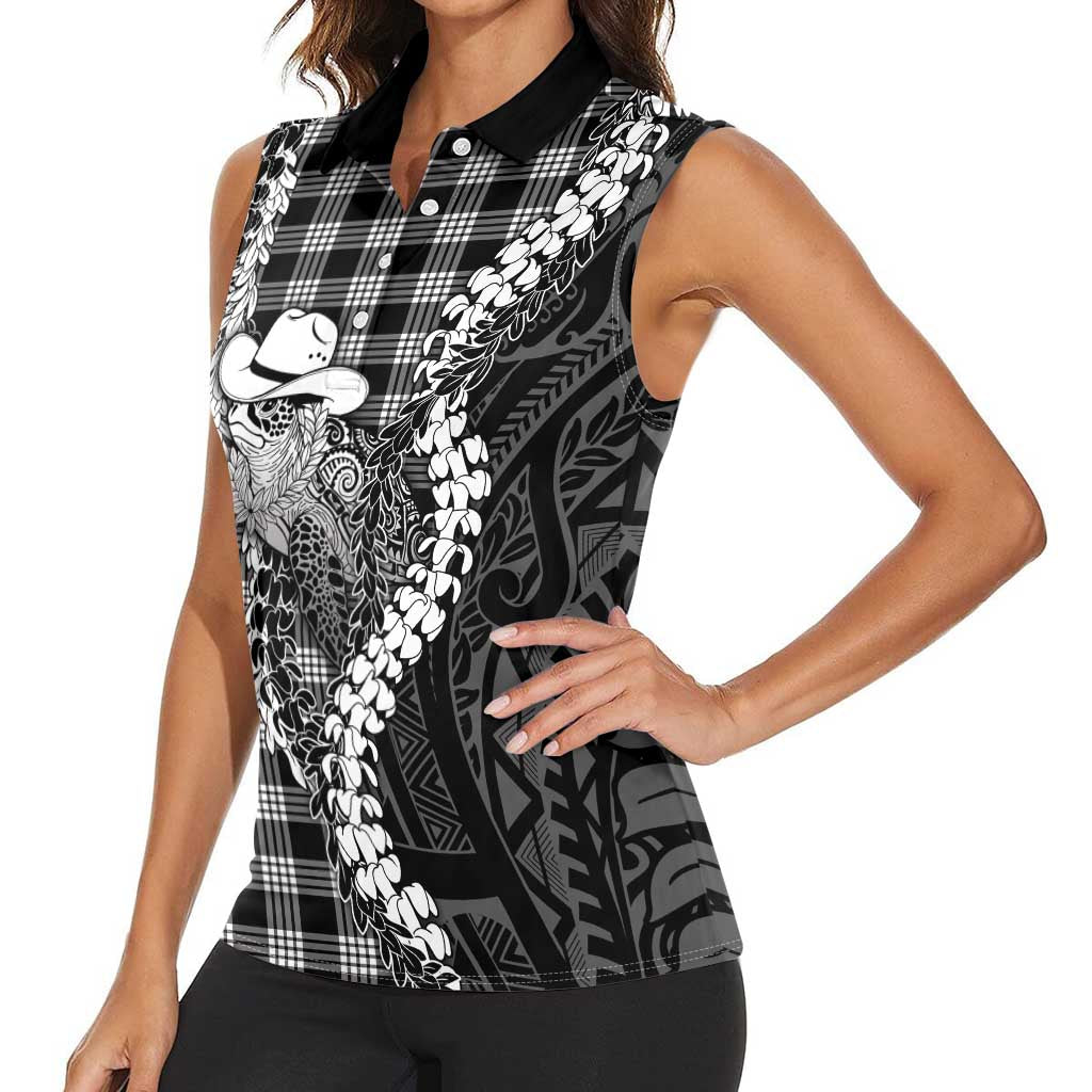 Black Hawaii Palaka Cowboy Turtle Women Sleeveless Polo Shirt Hawaiian Paniolo Puakenikeni Maile Lei DT05 - Polynesian Pride
