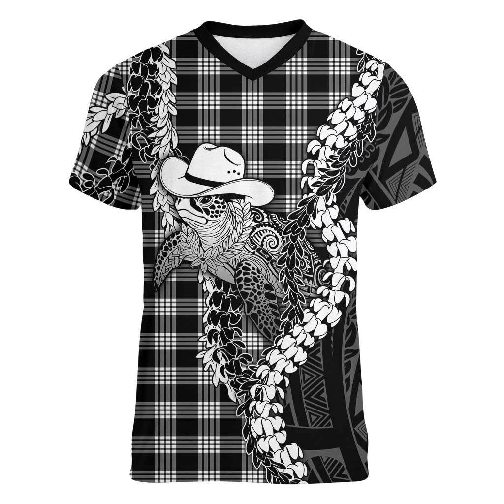 Black Hawaii Palaka Cowboy Turtle Women V-Neck T-Shirt Hawaiian Paniolo Puakenikeni Maile Lei