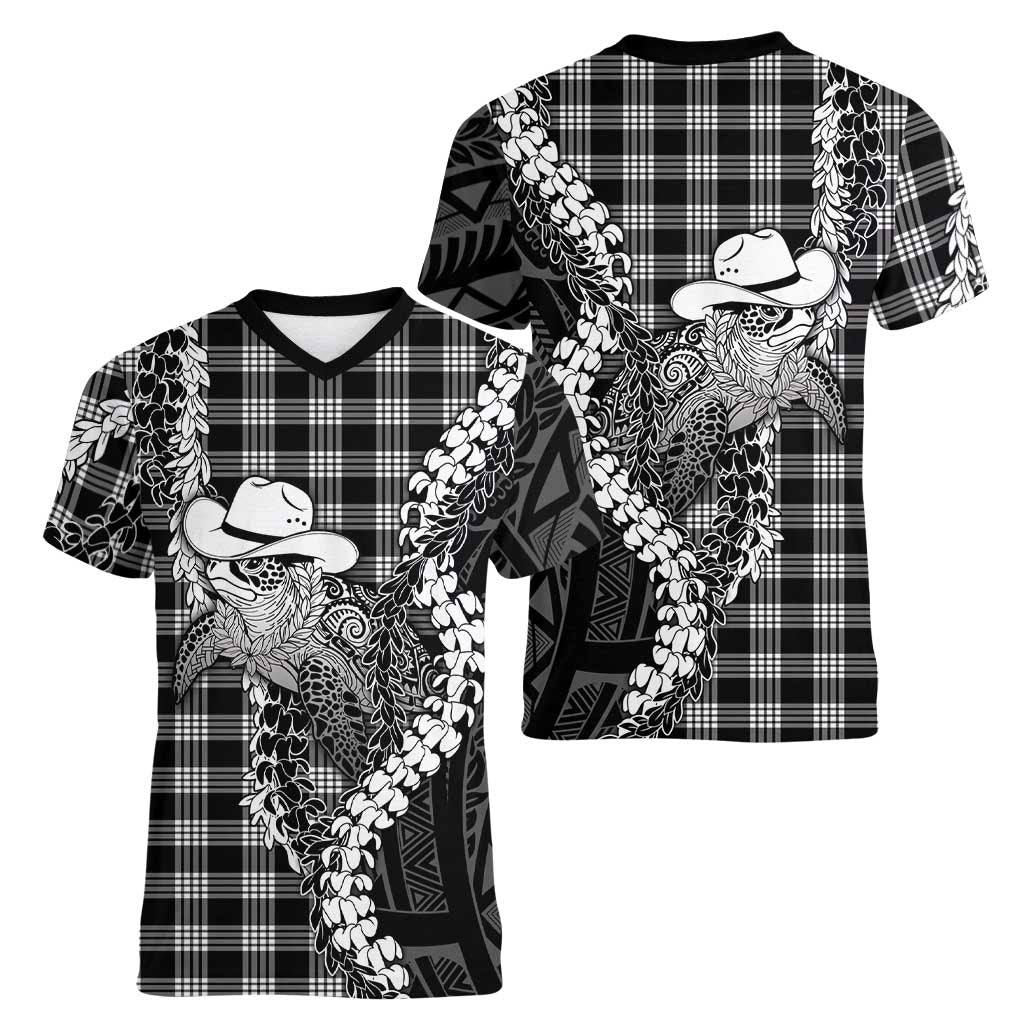 Black Hawaii Palaka Cowboy Turtle Women V-Neck T-Shirt Hawaiian Paniolo Puakenikeni Maile Lei