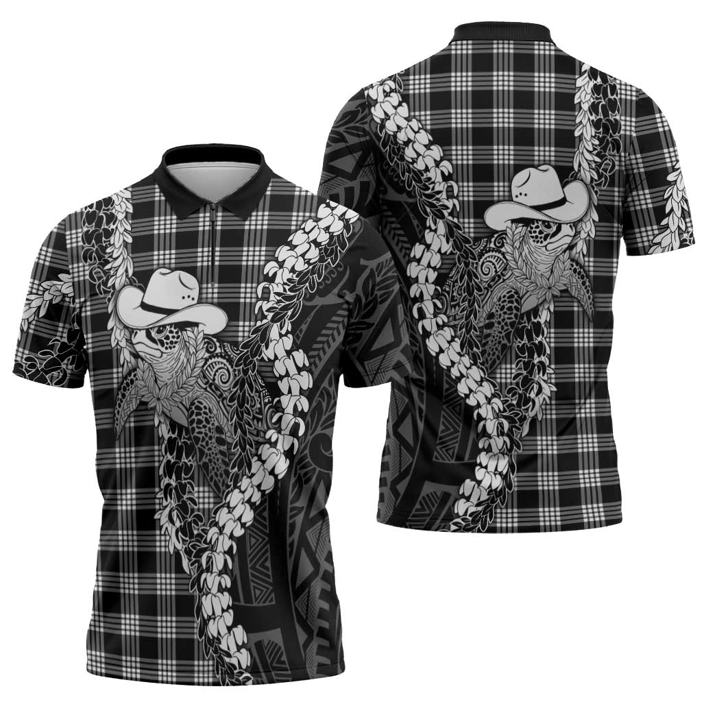 Black Hawaii Palaka Cowboy Turtle Zipper Polo Shirt Hawaiian Paniolo Puakenikeni Maile Lei DT05 - Polynesian Pride