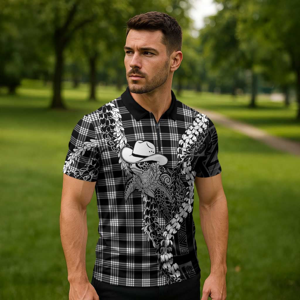 Black Hawaii Palaka Cowboy Turtle Zipper Polo Shirt Hawaiian Paniolo Puakenikeni Maile Lei DT05 - Polynesian Pride