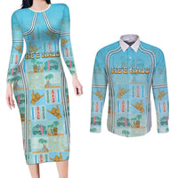 Custom Hawaii Surfing Couples Matching Long Sleeve Bodycon Dress and Long Sleeve Button Shirt He'e Nalu DT05 Blue - Polynesian Pride