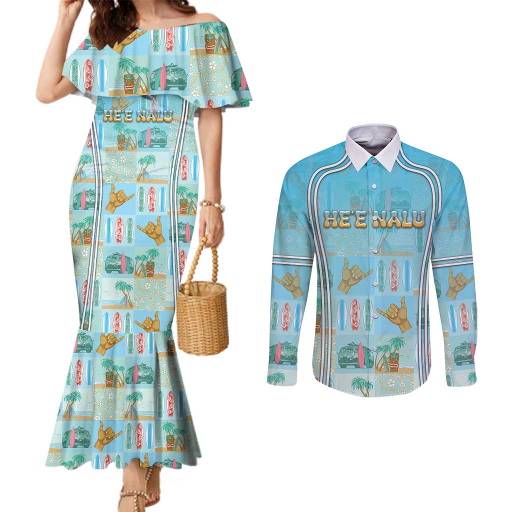 Custom Hawaii Surfing Couples Matching Mermaid Dress and Long Sleeve Button Shirt He'e Nalu