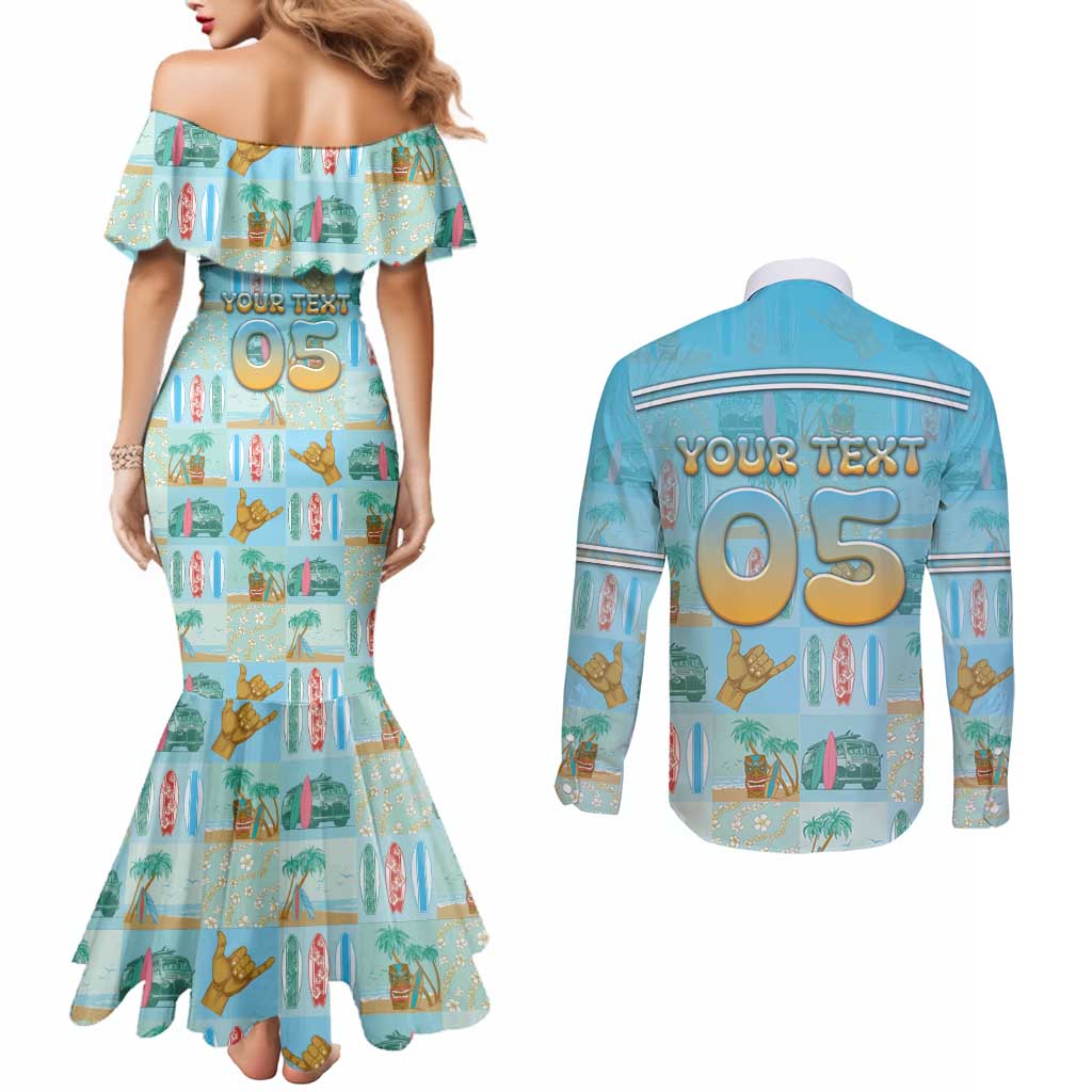 Custom Hawaii Surfing Couples Matching Mermaid Dress and Long Sleeve Button Shirt He'e Nalu