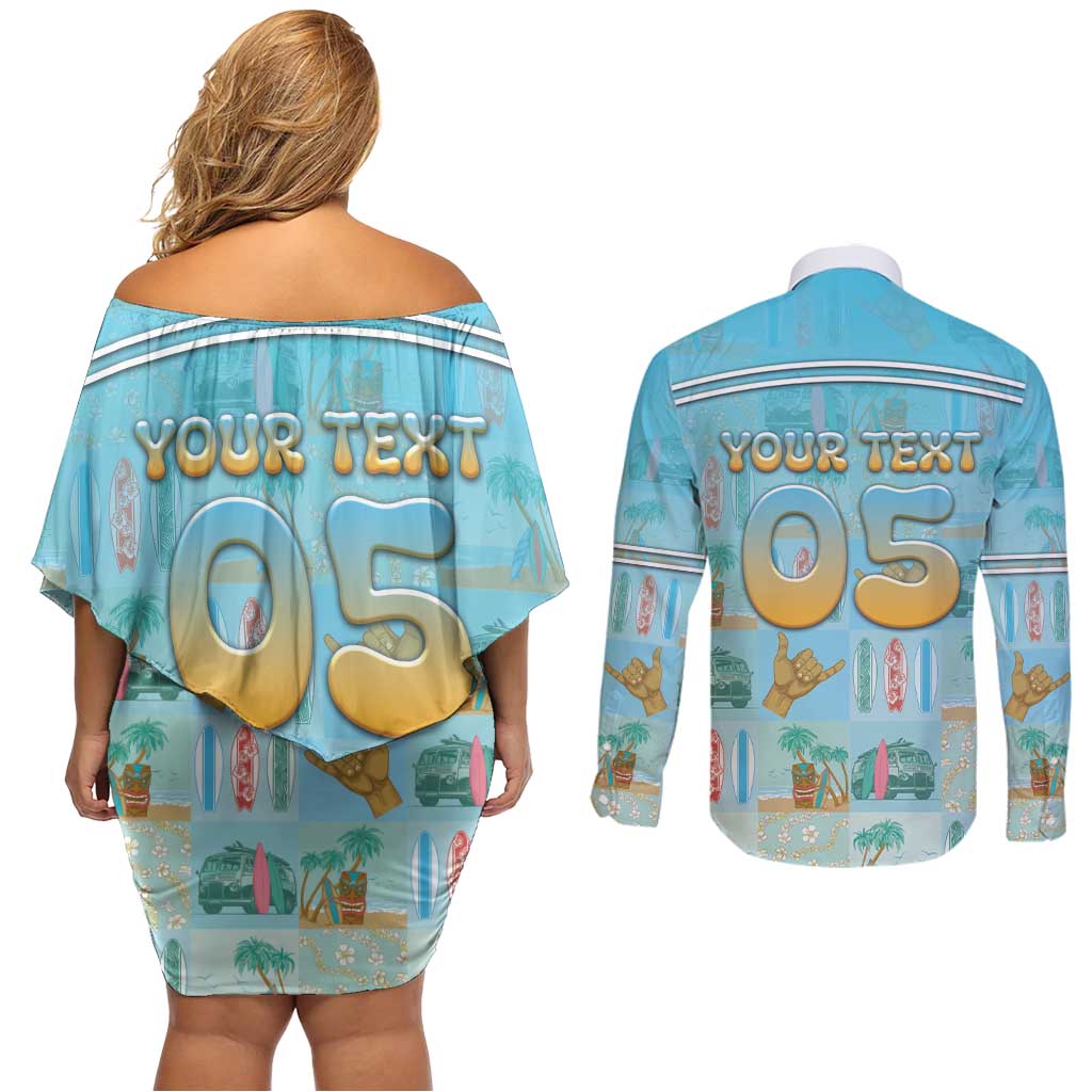 Custom Hawaii Surfing Couples Matching Off Shoulder Short Dress and Long Sleeve Button Shirt He'e Nalu DT05 - Polynesian Pride