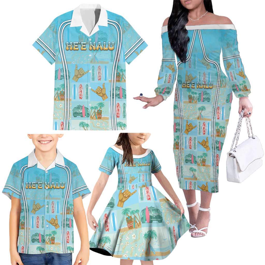 Custom Hawaii Surfing Family Matching Off The Shoulder Long Sleeve Dress and Hawaiian Shirt He'e Nalu